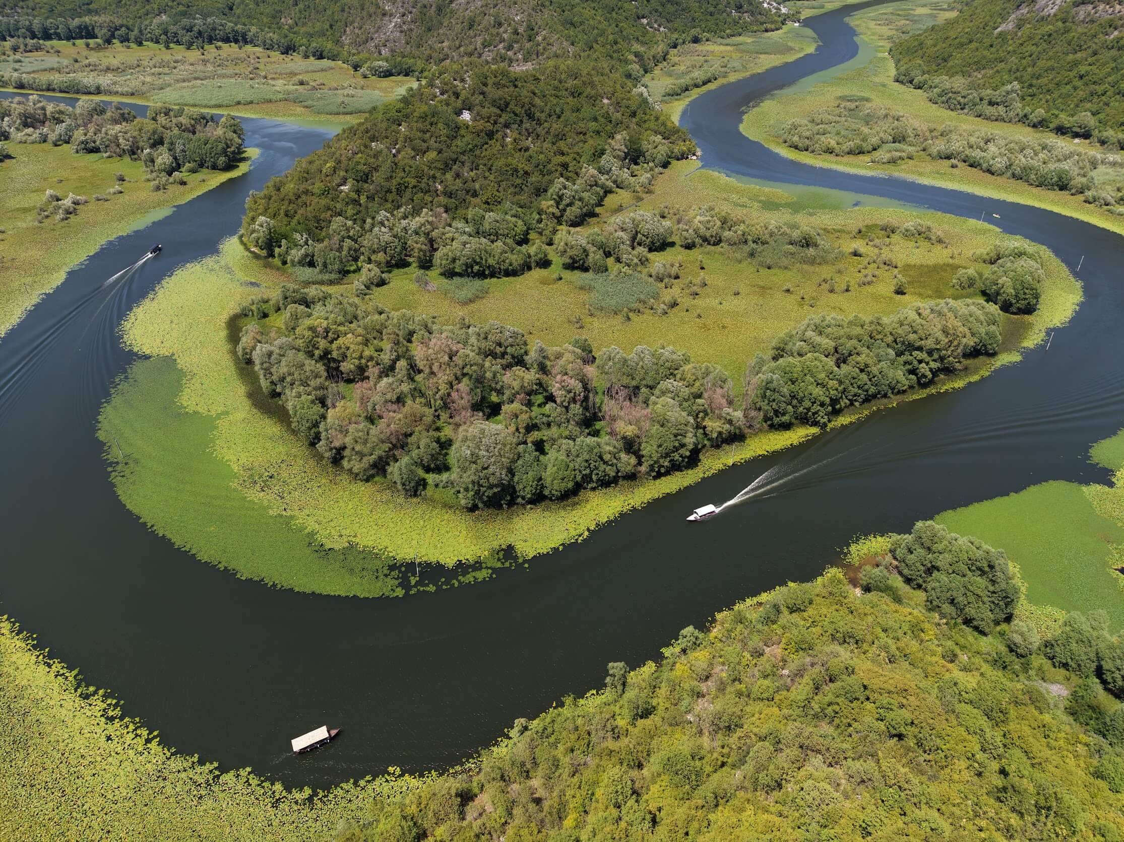 Vista aérea del meandro en herradura del río en el lago Skadar