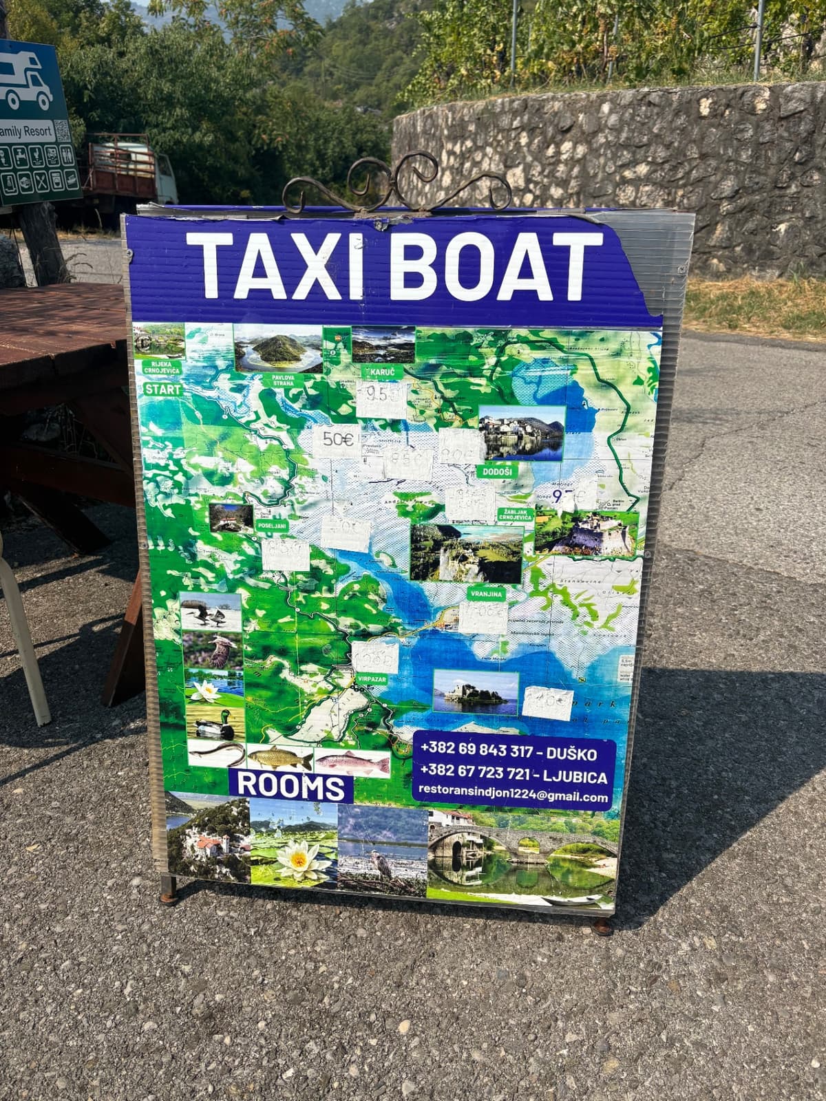 Mapa de los destinos de taxi acuático en el lago Skadar
